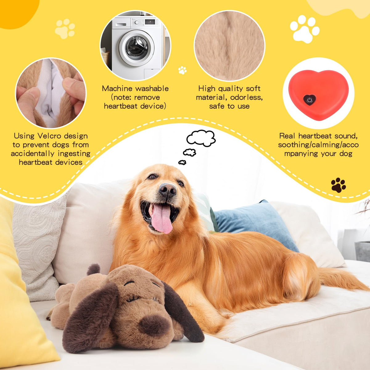 Heartbeat Puppy Toy Dog Anxiety Relief Calming Aid Heartbeat Stuffed Animals Pet Comfort Cuddle Sleep Aid Puppy Behavioral Training Aid Toy for Dog Cat (Brown-A)
