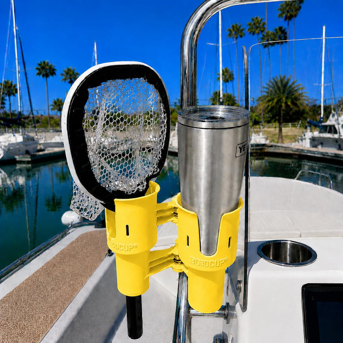 Yellow), Patented Clamp On Boat Cup Holder |Multifunction Dual Drink Caddy for Fishing Poles, Tools, Net, Gaff |Portable Storage for Boating, Beach, Umbrellas, Golf Carts, Strollers (Yellow / Standard Spring)