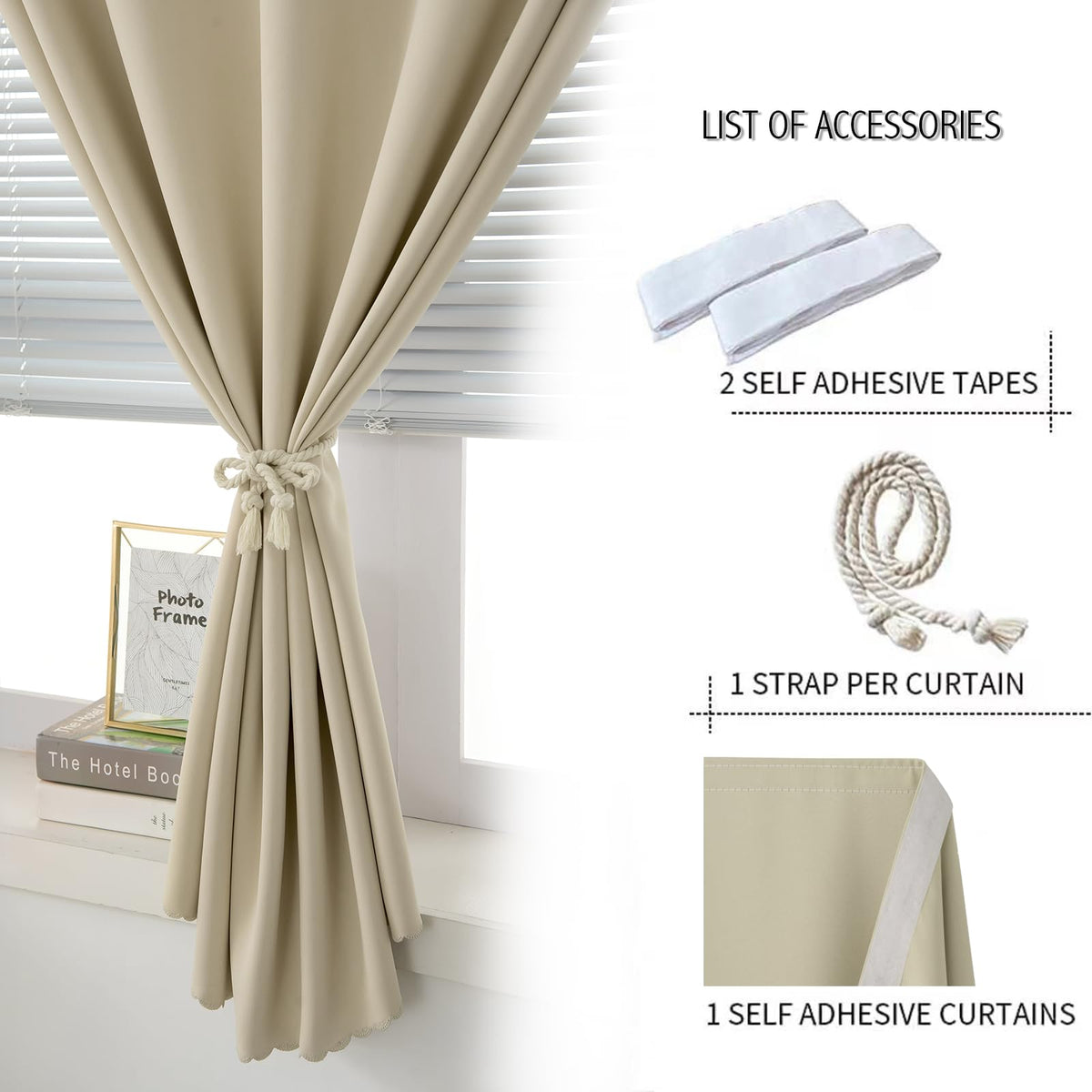 Thermal Blackout Curtains with Self Adhesive Tape No Rod No Drill Easy Install Window Cover for Bedroom Kitchen Dorm 46" W x 59" L Beige 1 Panel (46"W x 59"L (Pack of 1) / Beige)