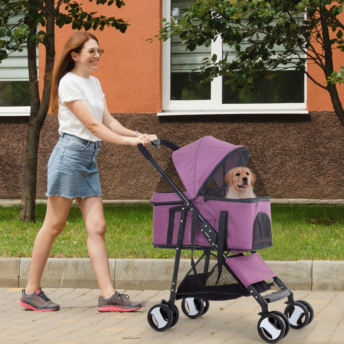 3 in 1 Multi Function Dog Stroller Jogger with Detachable Carrier (Purple / 4 Wheels)