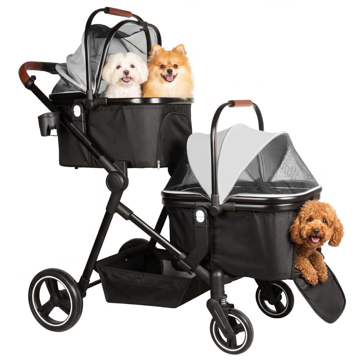 Foldable Double Pet Stroller for 2 Small Medium Cats Dogs (Light Gray / Double)