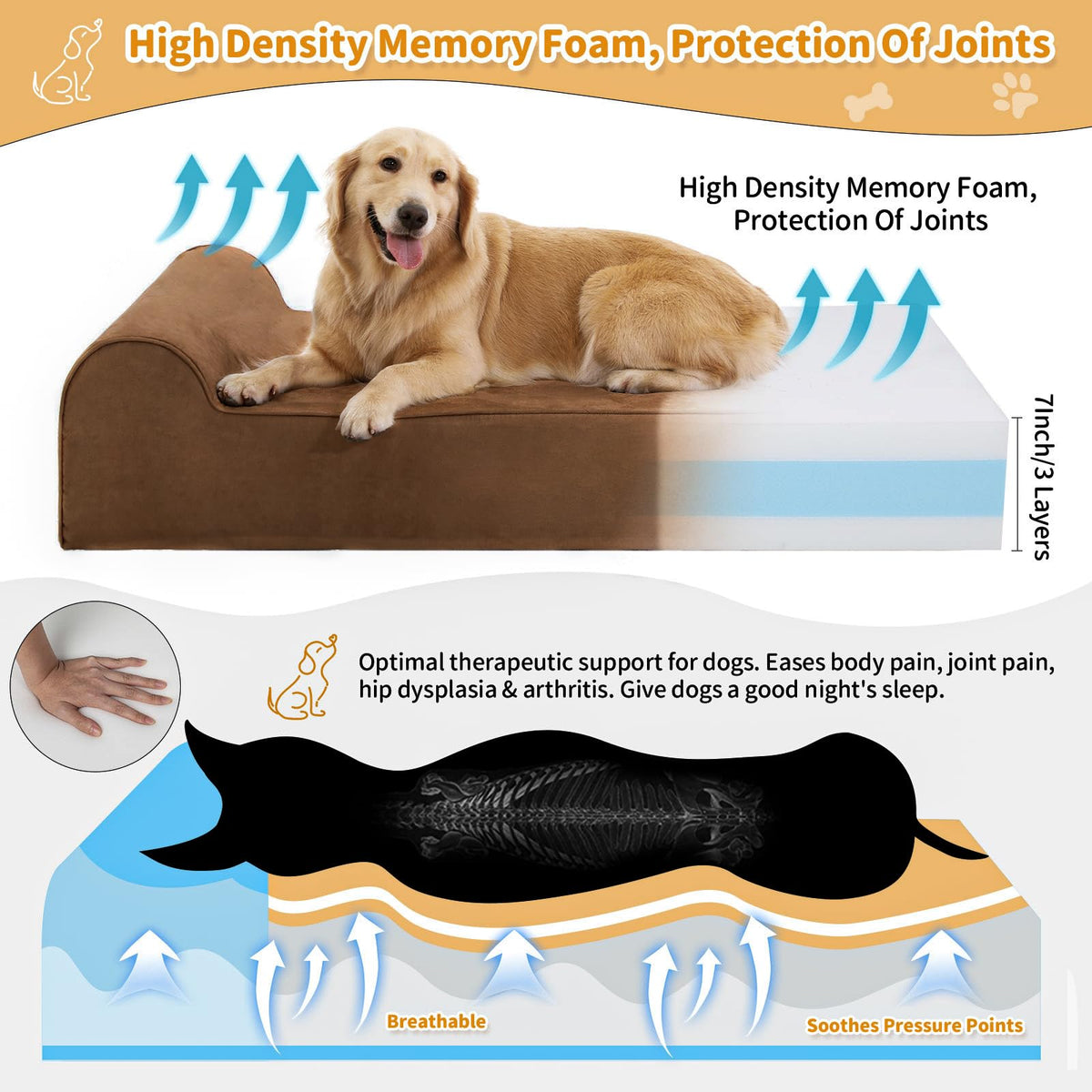 Orthopedic Dog Beds for Large Dogs (60.0"L x 48.0"W x 7.0"TH / Premium Version-Chocolate)