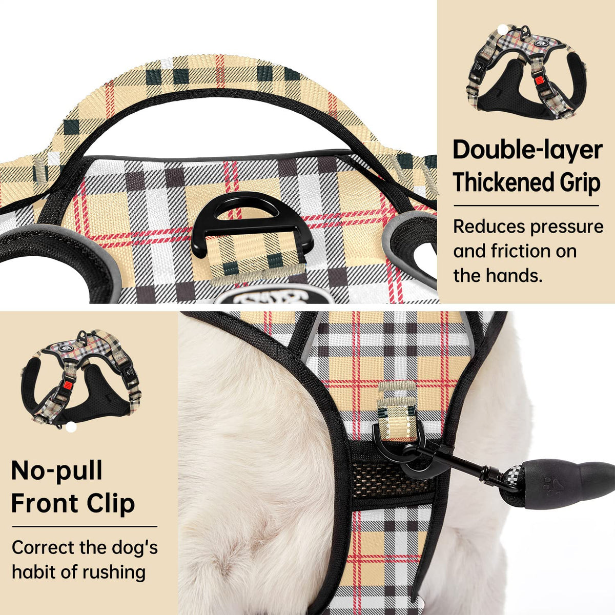 No Pull Dog Harness for Medium Dogs (Checkered Beige / Medium)