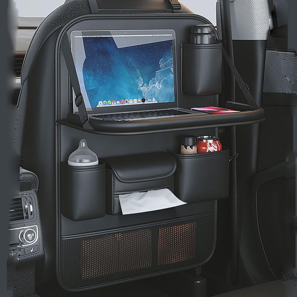 2 Pack Leather Car Backseat Organizer with Foldable Table Tray (Black)