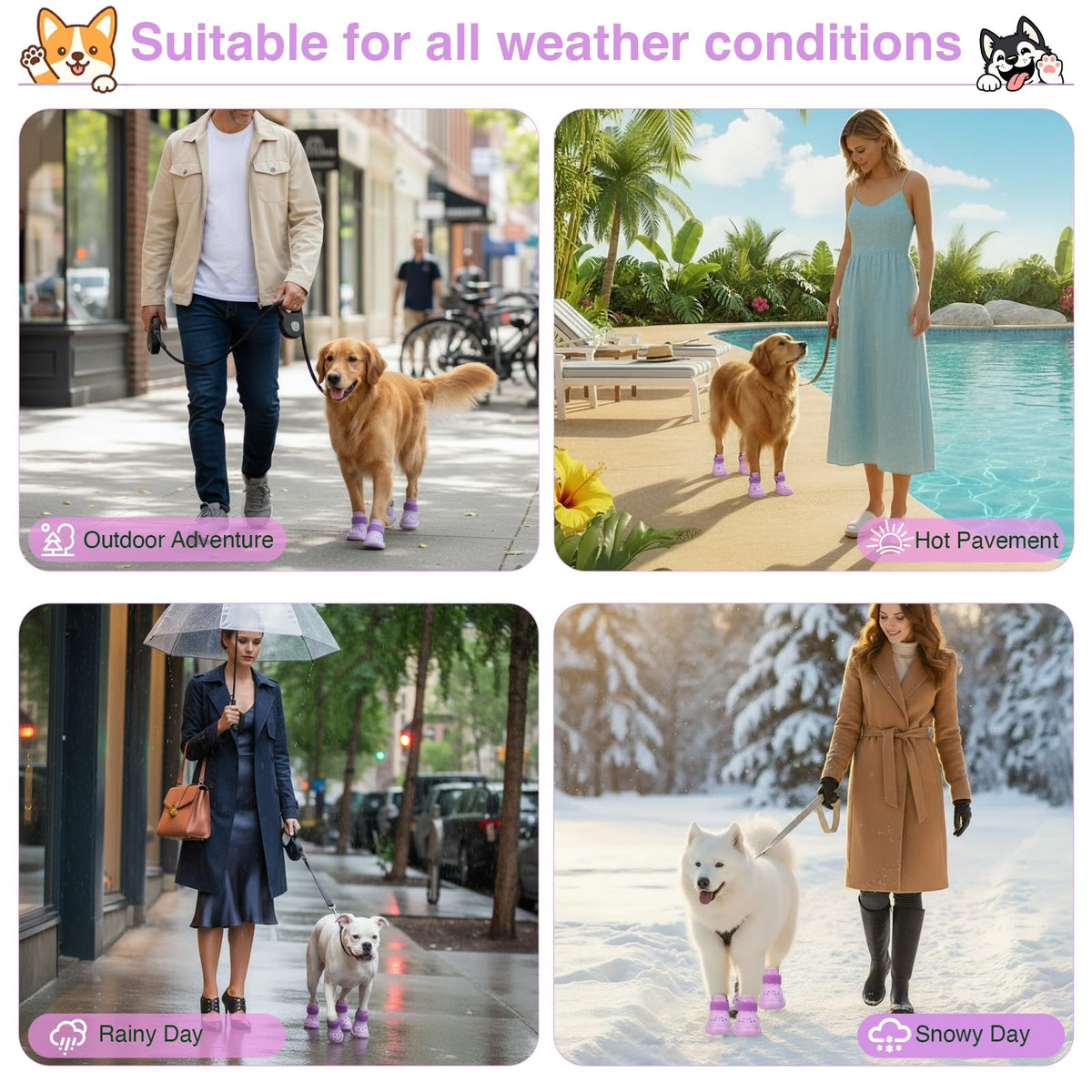 Dog Shoes for Hot Pavement and Snow (Purple / S)