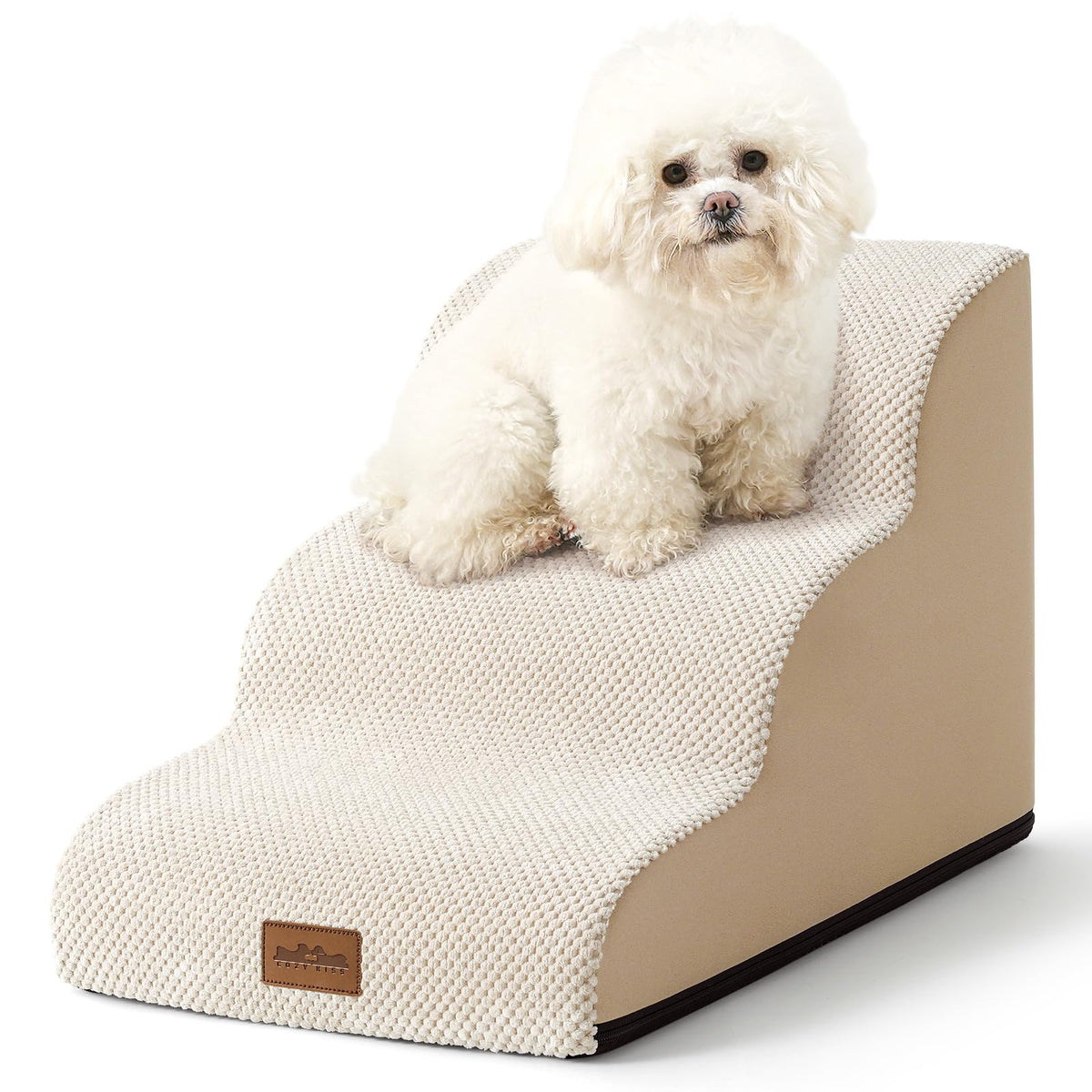 Wide Dog Stairs for Small Dog 15.7" H (Beige / Wide:17.7" x 22.4" x 15.7")
