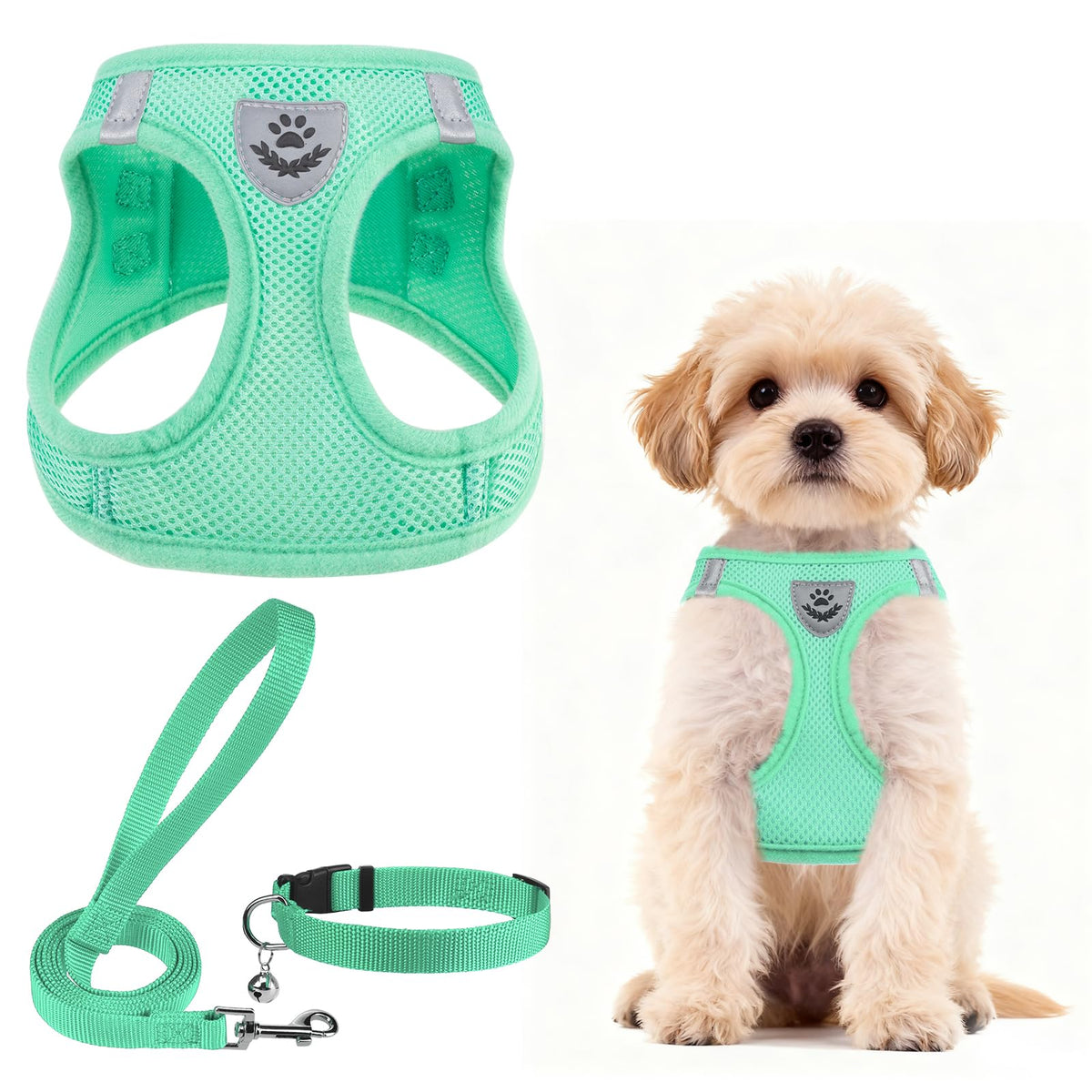 Dog Harness Collar and Leash Set No Pull for Small Medium Sized (Solid Green / S (CHEST 14.5"-16"))