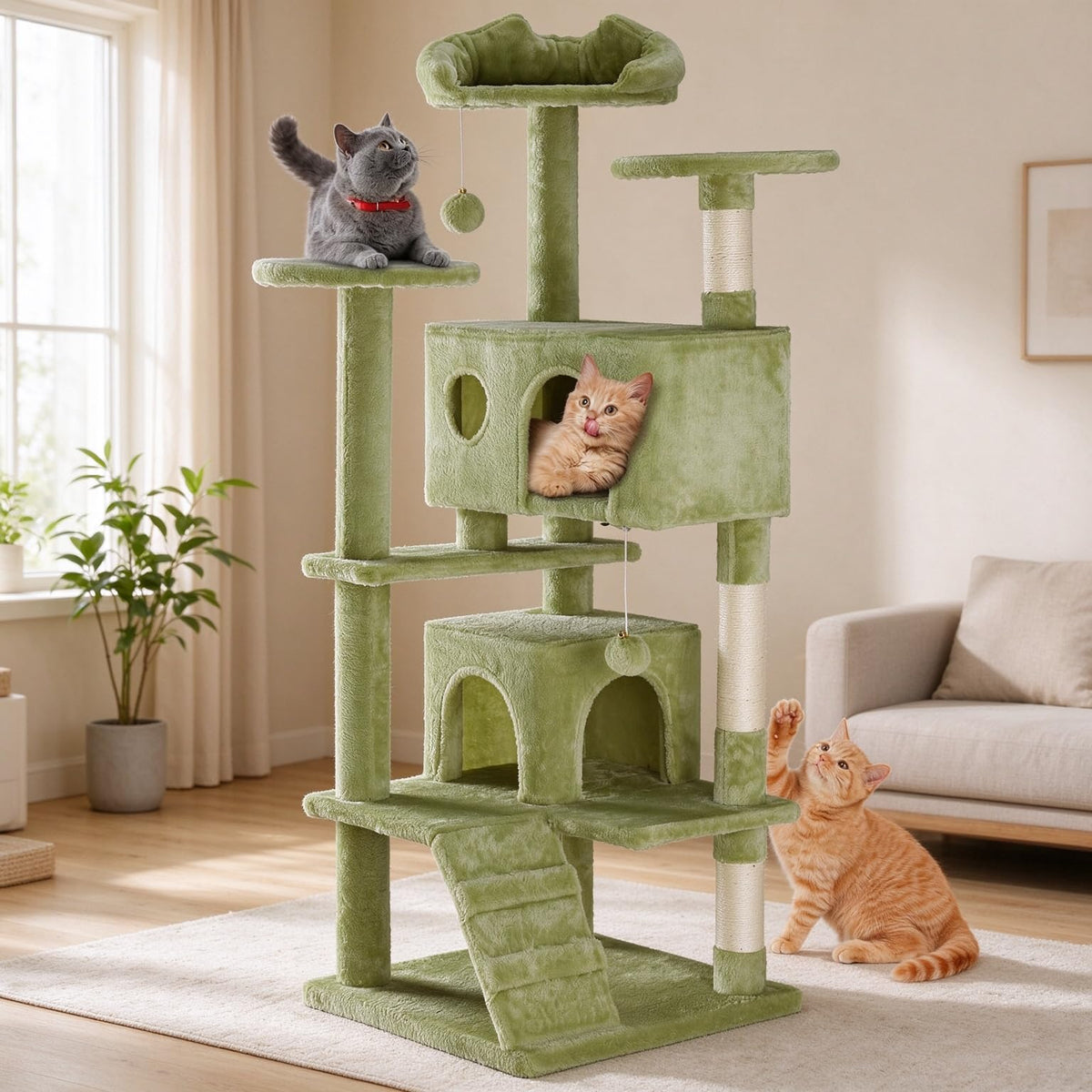 54 in Cat Tree Tower with Natural Sisal Scratching Post (Green / 54"×19.7"×19.7")