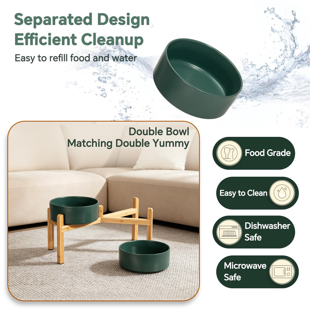 Elevated Ceramic Dog Bowl Set (Green / Large)