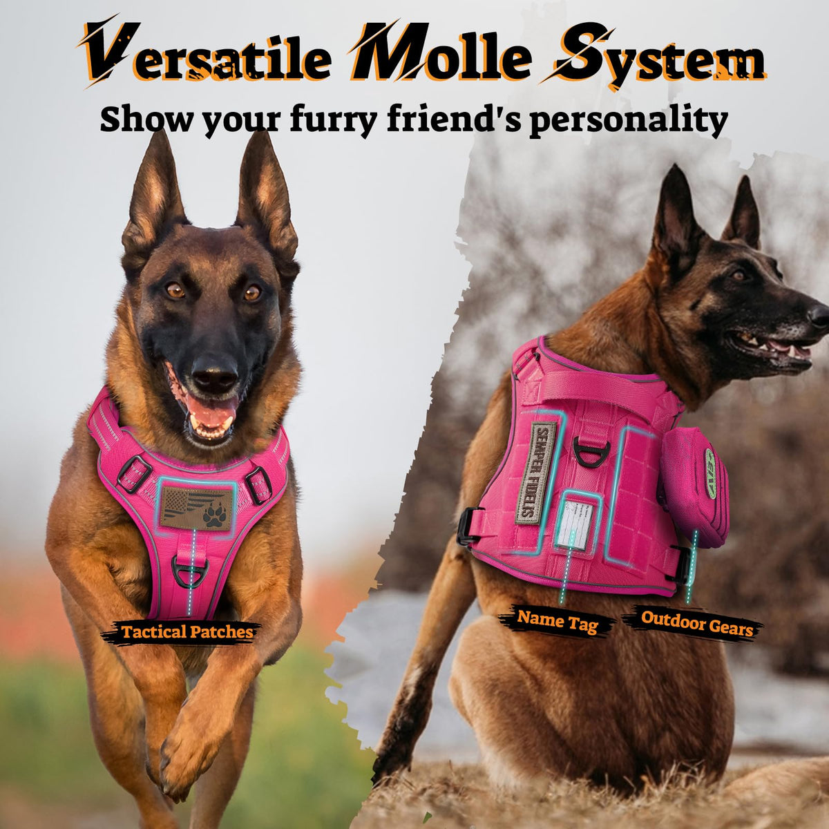 Tactical Dog Harness for Small Dogs (S(Chest:16.1"-31.5",Neck:15.4"-21.6",Back:7.1") / Rose Red)