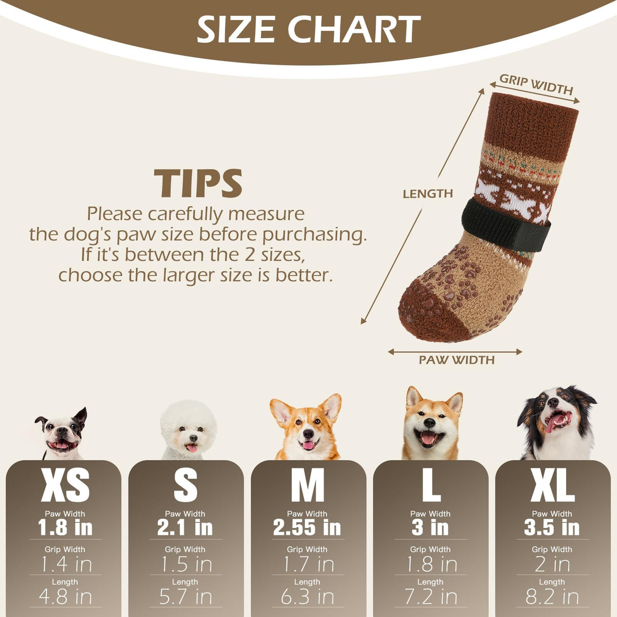 Anti Slip Dog Socks to Prevent Licking Paws for Hot Pavement (Khaki / Large)