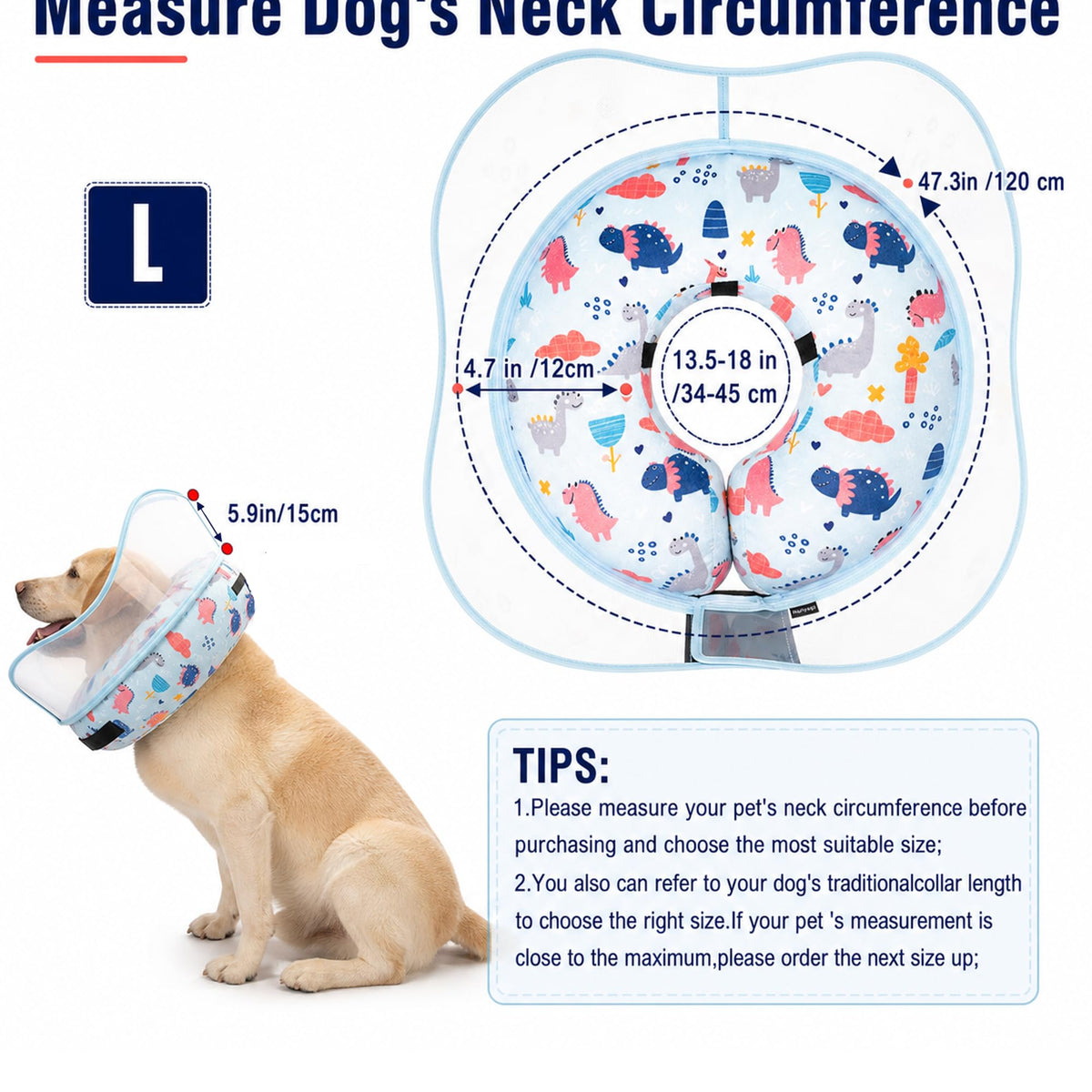 Inflatable Dog Cone Collar for Large Medium Small Dogs (Dinosaur / Large)
