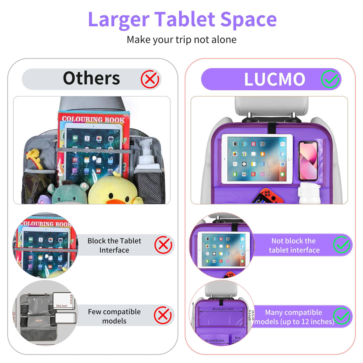 Car Backseat Organizer with Foldable Tablet Holder (Dark Purple-3 / 2 Pack with Food Tray)