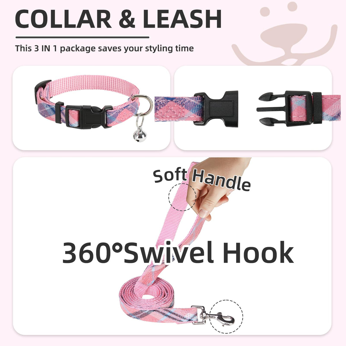 Dog Harness Collar and Leash Set No Pull for Small Medium Sized (Pink / XS (CHEST 13"-14.5"))