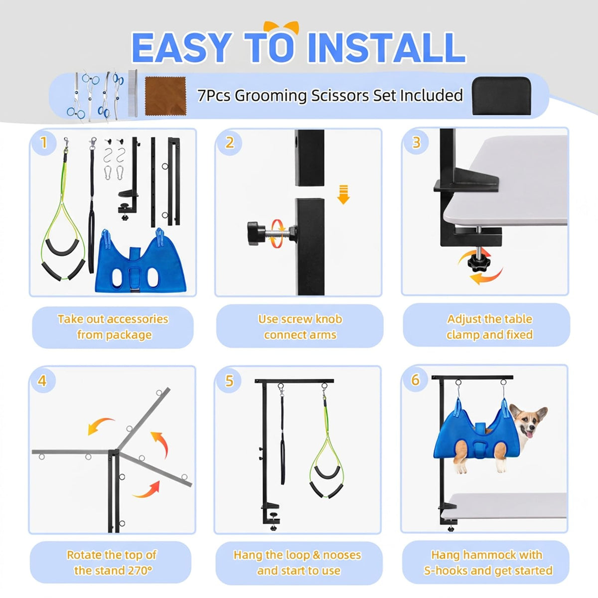 Foldable Dog Grooming Arm for Table with Hammock Pet Grooming Scissors set (M Hammock & Scissors / Blue)