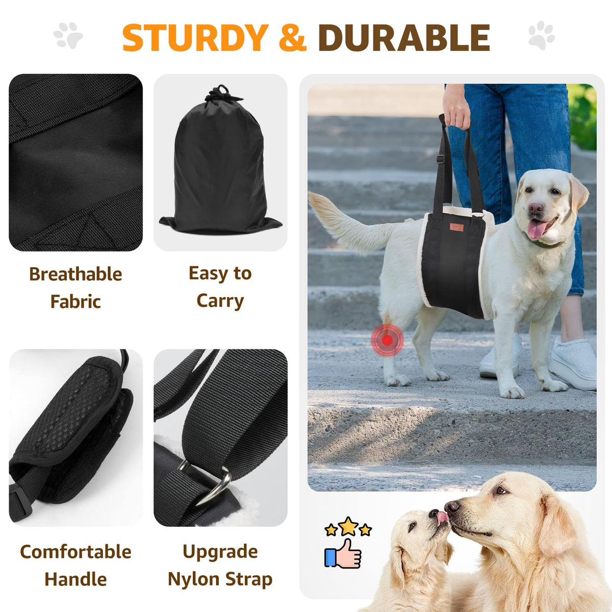 Adjustable Dog Sling for Large Dogs Hind Leg Support Weak Legs Mobility Aid (Black / Large)