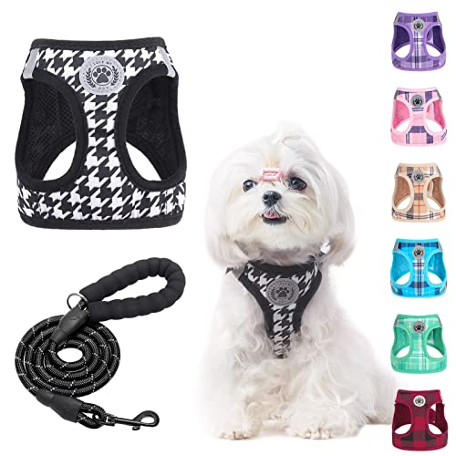 Small Dog Harness and Leash Set (XX-Small(Chest Girth 11.5"-13") / Houndstooth(Black))