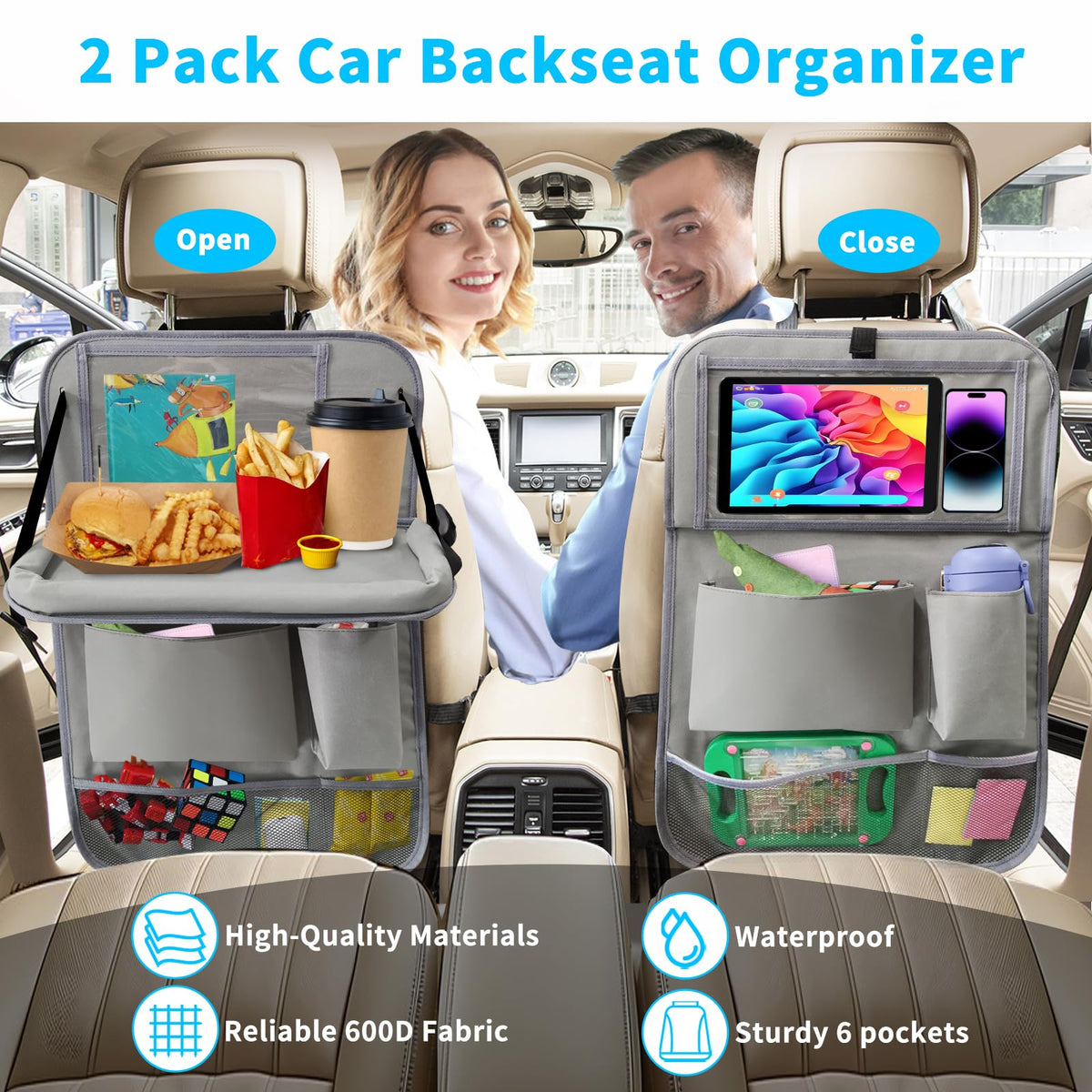 Car Backseat Organizer with Tablet Holder (2Pack / Grey)