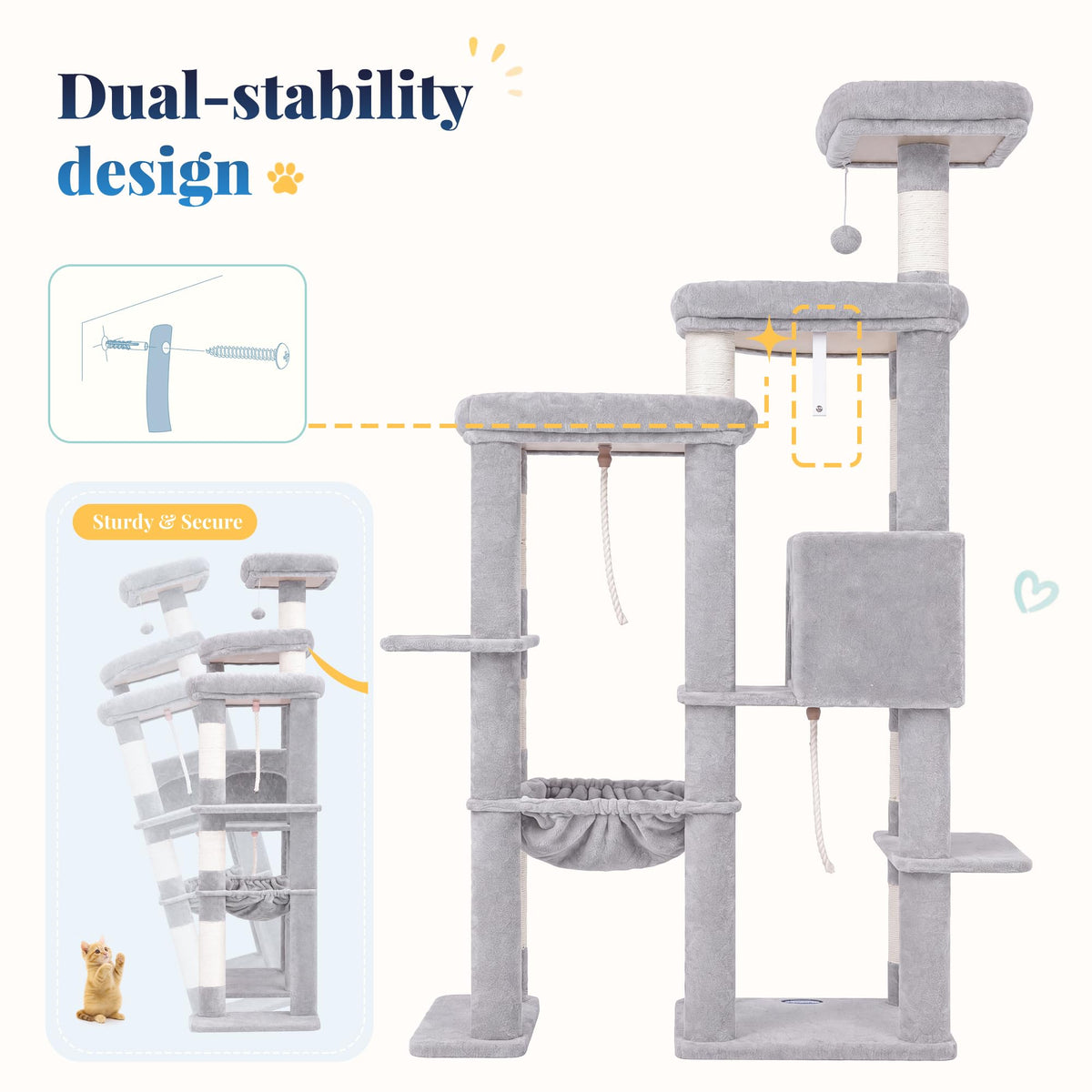 Cat Tree Tower with Stable Extended Base (Light Gray / 71.9 Inches)