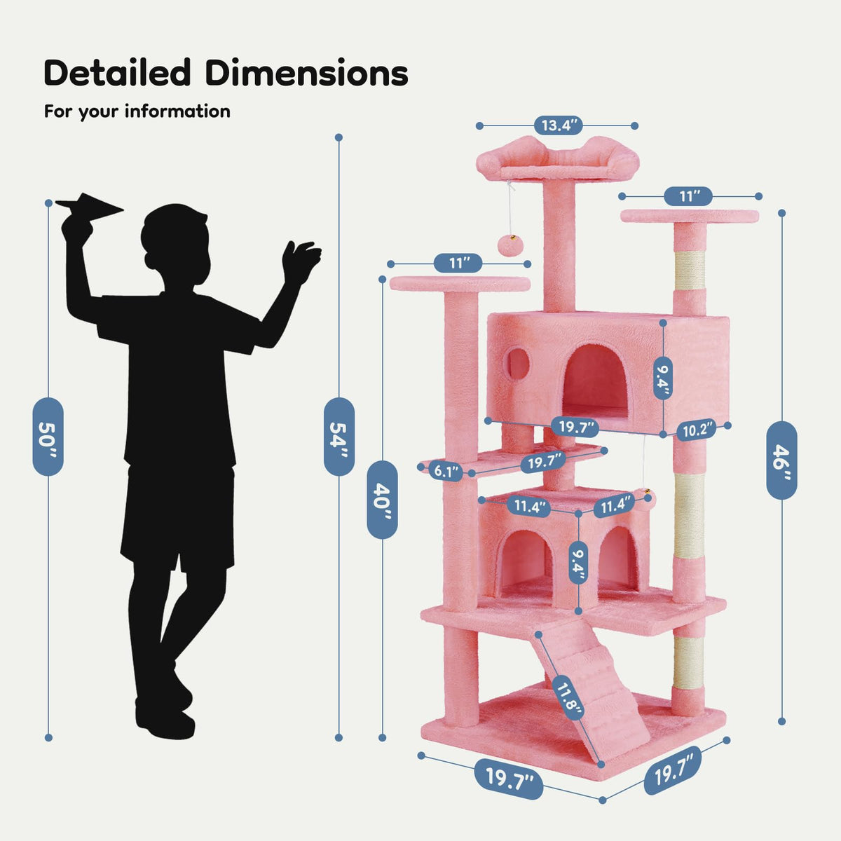 54 inch Cat Tree Tower with Scratching Posts (Pink / 54 Inch)