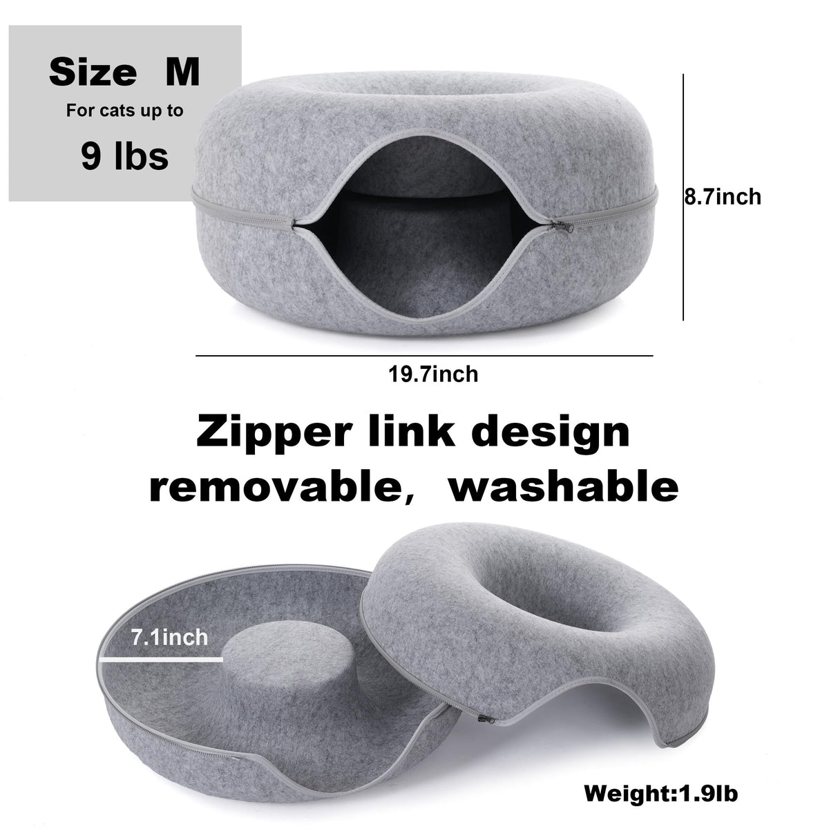 Cat Tunnel Bed for Indoor Cats with 3 Toys (M(20x20x9) / Light Grey)