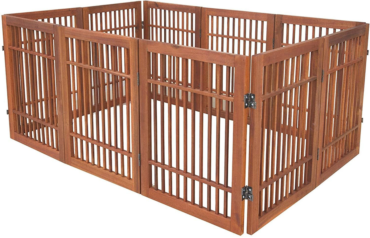 Freestanding Wooden Dog Gate Foldable Indoor Pet Gate No Drill Expandable Barrier for Doorways Stairs Hallway Portable Wood Fence for Small Dogs & Puppies (10 Panel 24" Tall / Brown Pet Gate)