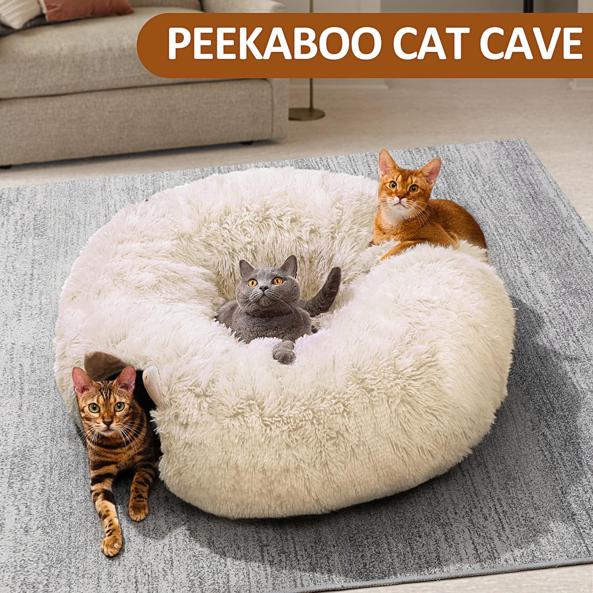 Cat Tunnel with Cat Bed for Indoor Cats (Cream white)