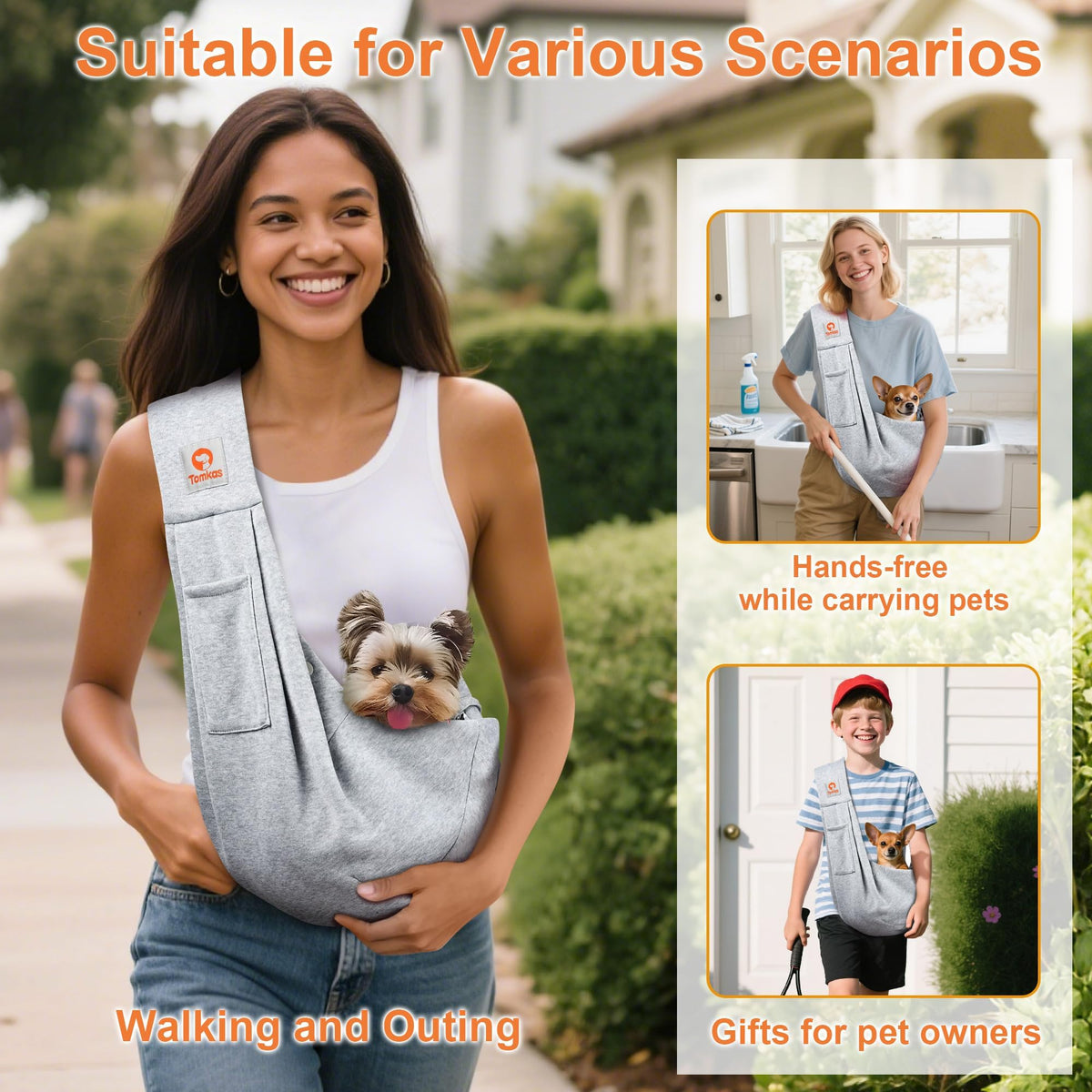 Dog Cat Carrier Sling Classic Pocket & Classic Strap (Grey)