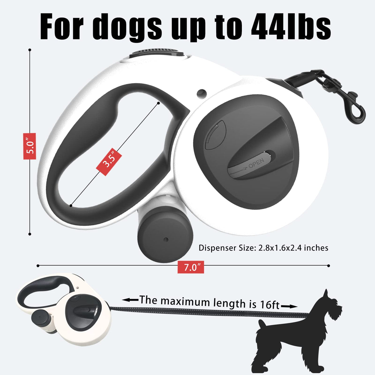 4-in-1 Retractable Dog Leash with LED Light & Dispenser & Poop Bags (Small)