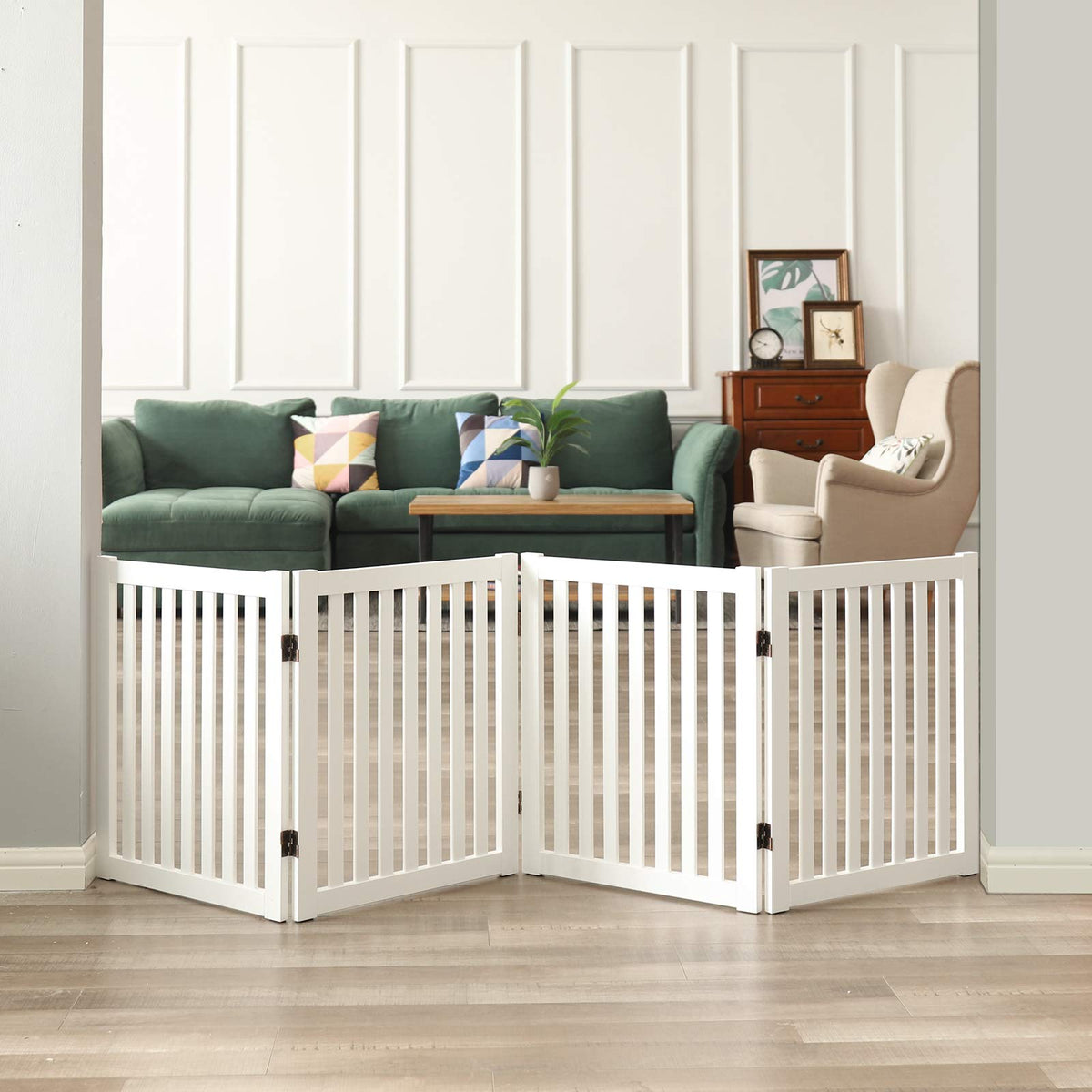Wooden Freestanding Dog Gate (White / 4 Panel 80" Wide)