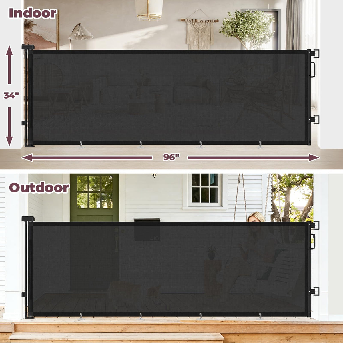 96" Retractable Baby Gate (Black / 34" Tall x 96" Wide)