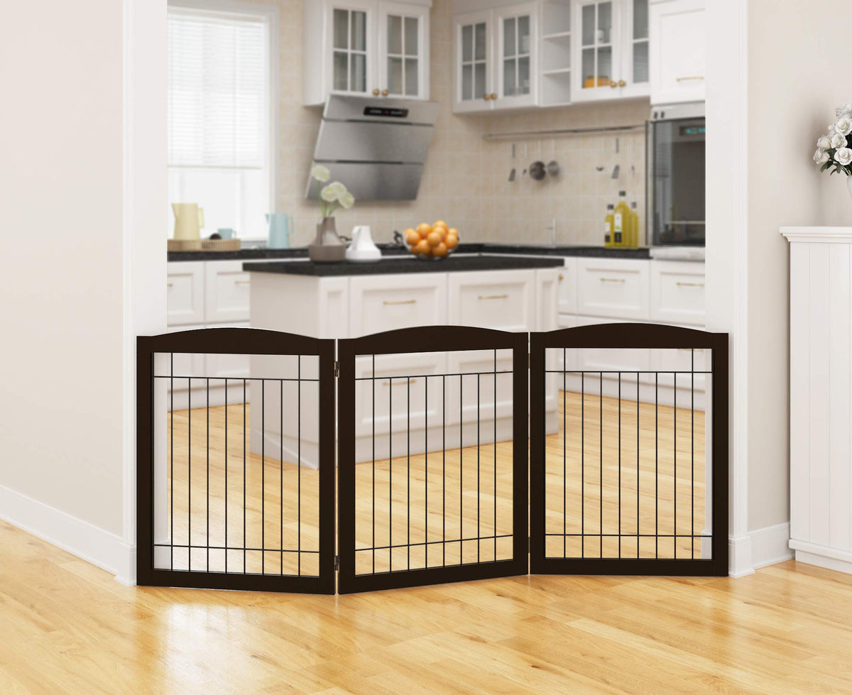 Extra Wide Foldable Dog gate for Doorway (Espresso / 【3 Panels】72"W x 32"H)