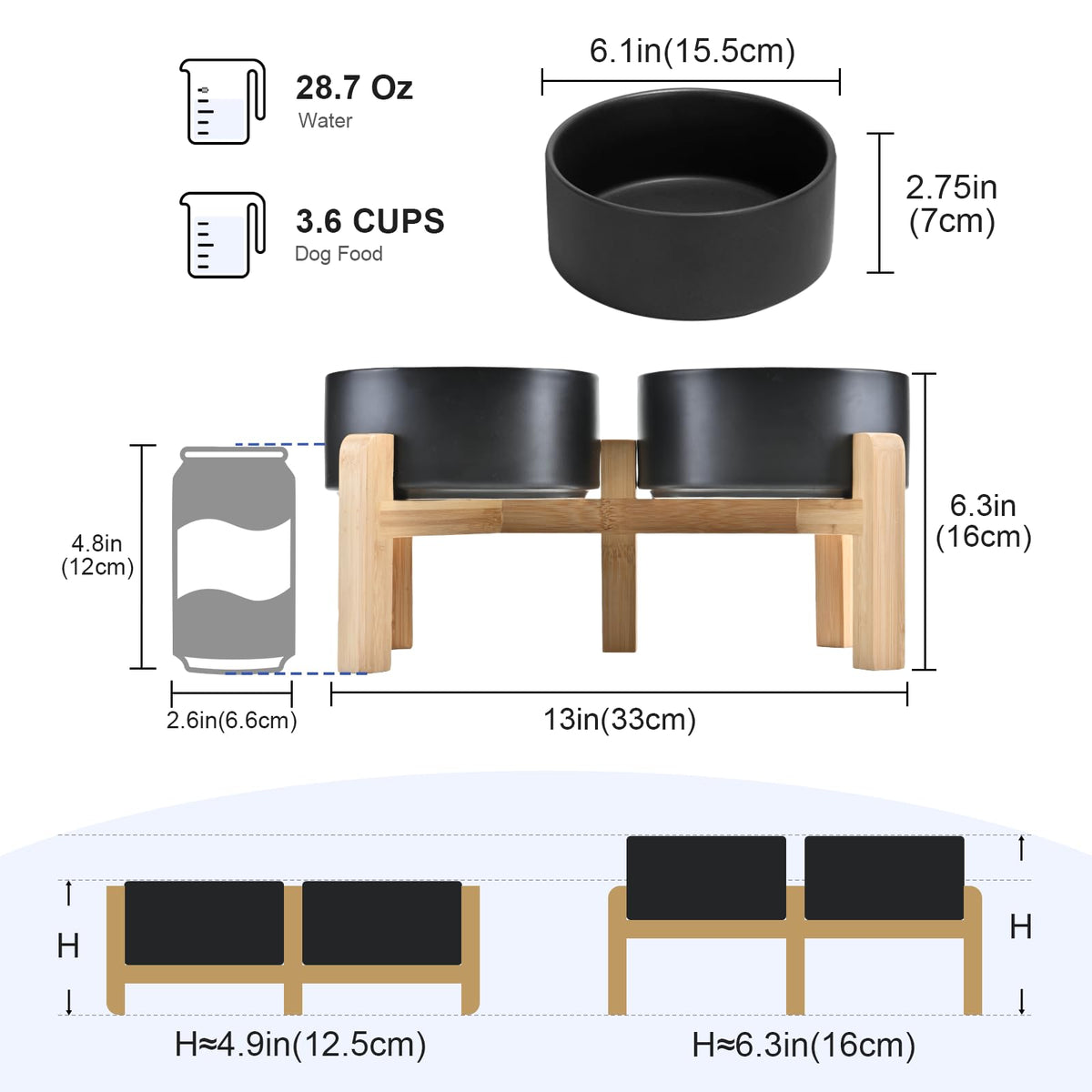 Elevated Dog Bowls Ceramic (6.1 in - 3.6 cups / Black)