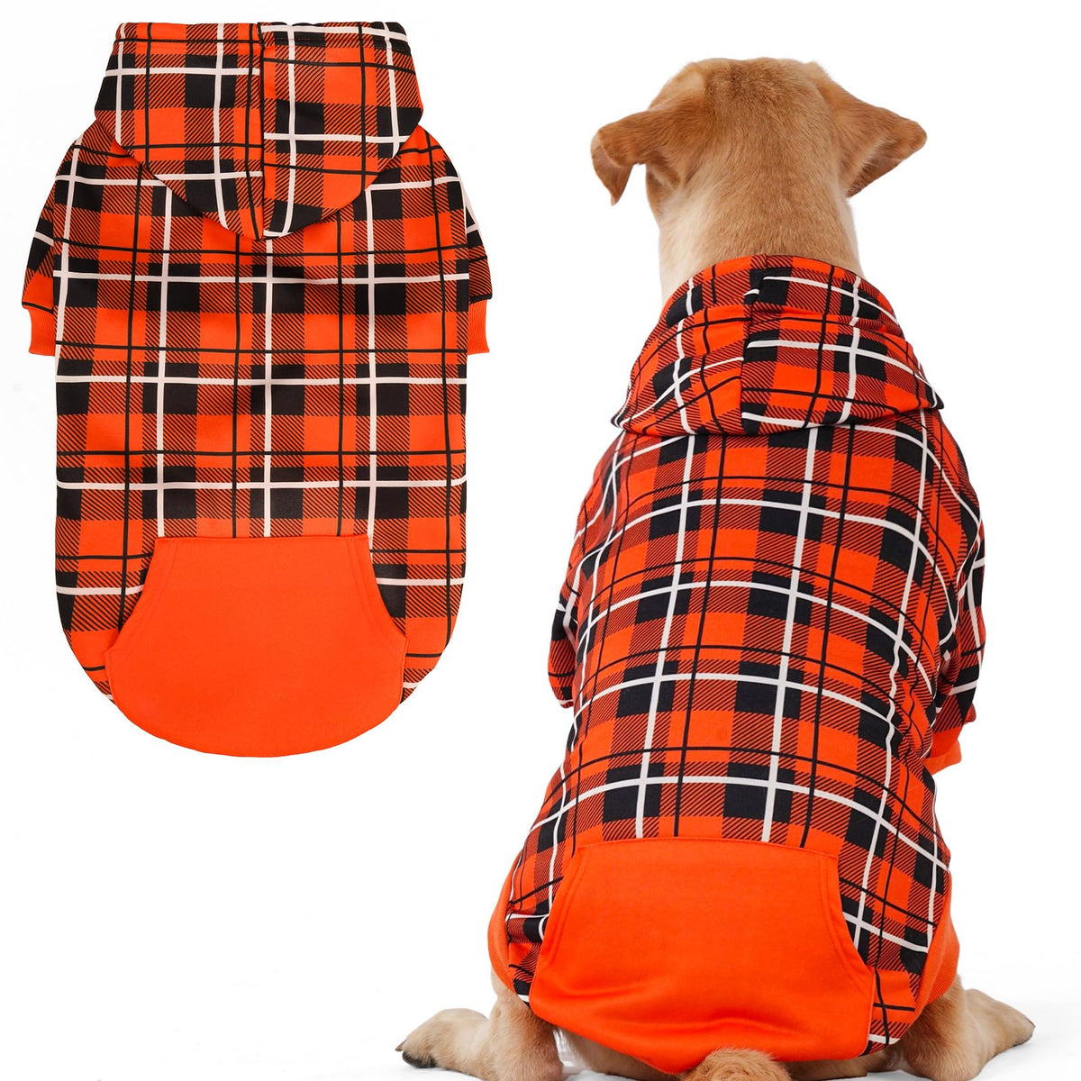 Plaid Dog Hoodie (Orange / Large)