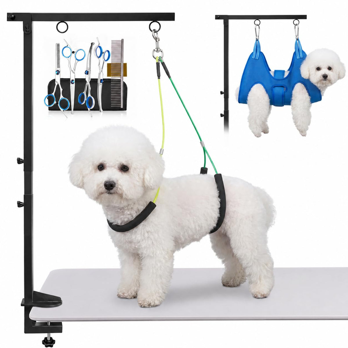Foldable Dog Grooming Arm for Table with Hammock Pet Grooming Scissors set (M Hammock & Scissors / Blue)