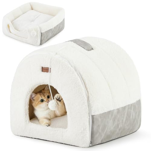 2in1 Cat Bed for Indoor Cats Foldable Cat Cave with Washable Pillow (M - 15.0"L x 15.0"W x 15.3"H / Cream)