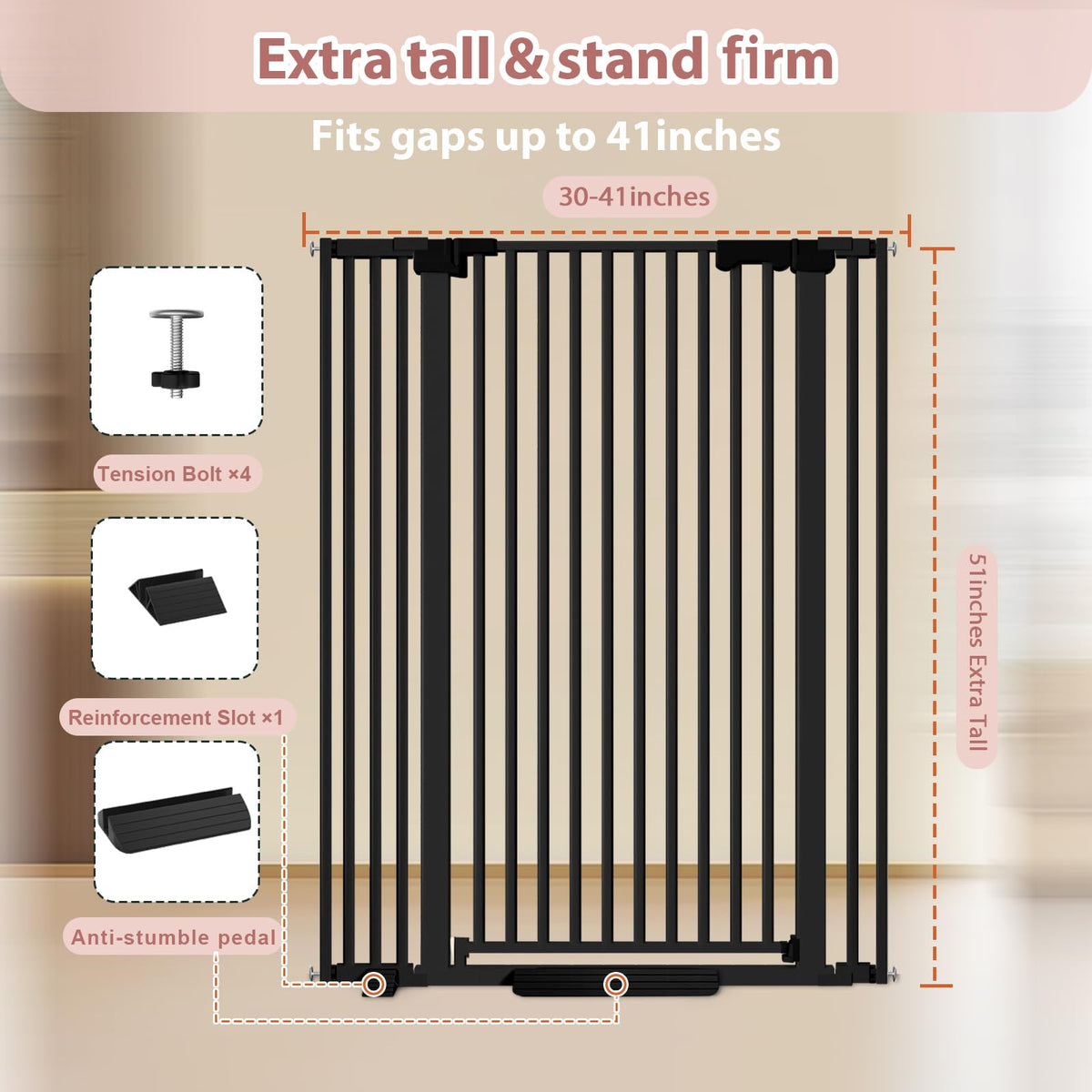 51'' Extra Tall Cat Gate Barrier for Doorways Hallways (Black-51"tall / 30''-40.9'' Wide)