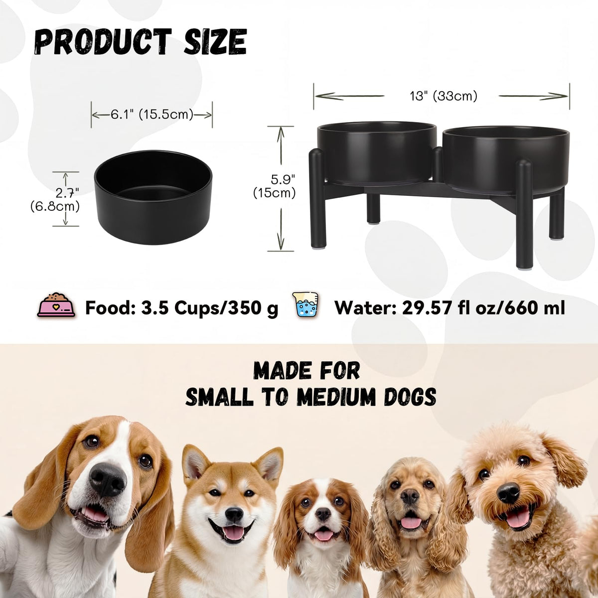 Raised Ceramic Dog Bowl Set with Stand (Black / 2 Bowls - 3.5 Cups Each)