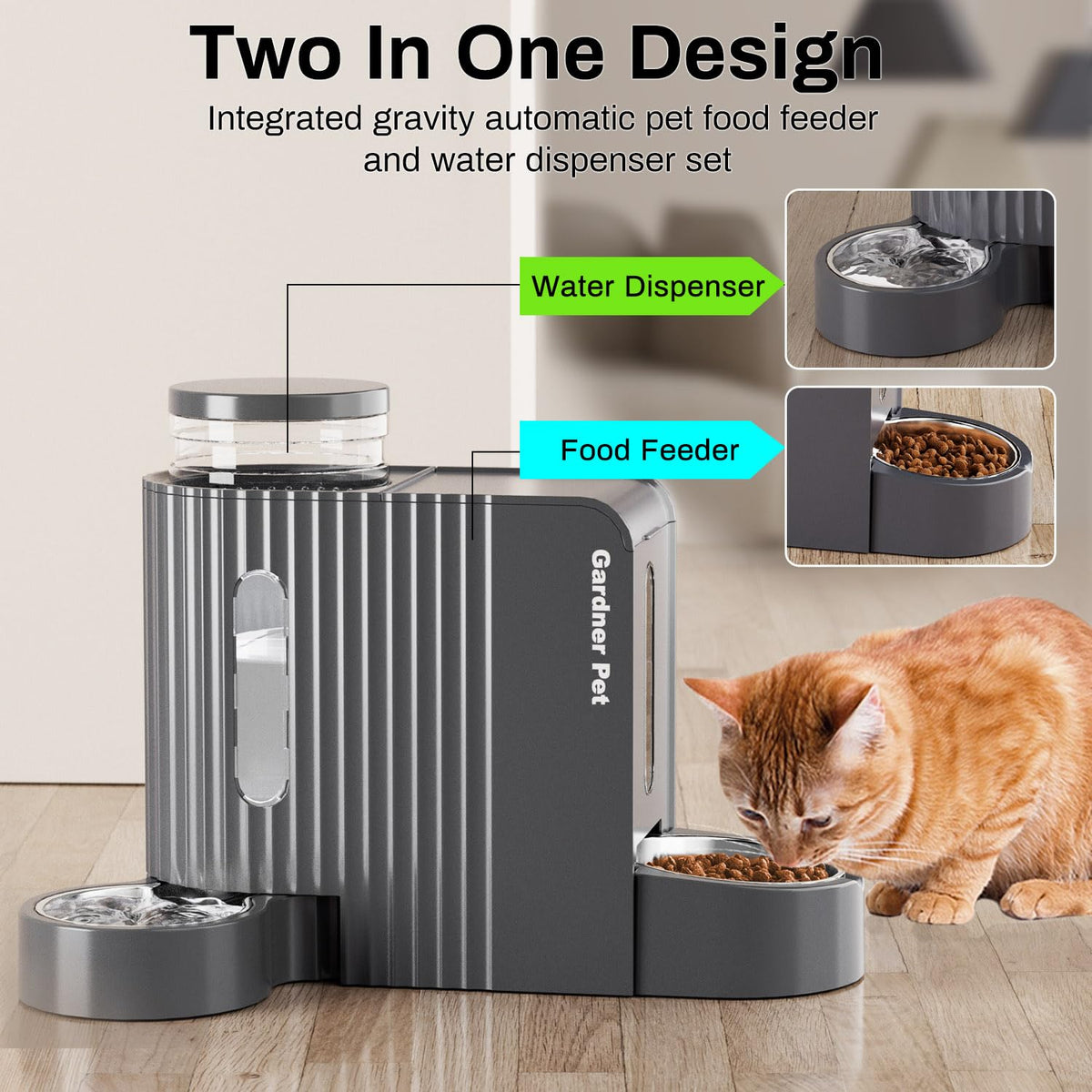 Gravity Automatic Cat Feeder (Extra Large（1.6 Gallons x 2） / Black Grey)