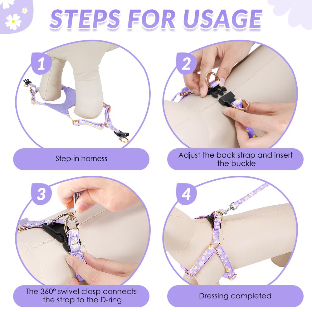 No Pull Dog Harness with Leash for Small Medium Dogs (XX-Small(2.2-6lb) / Purple Daisy)
