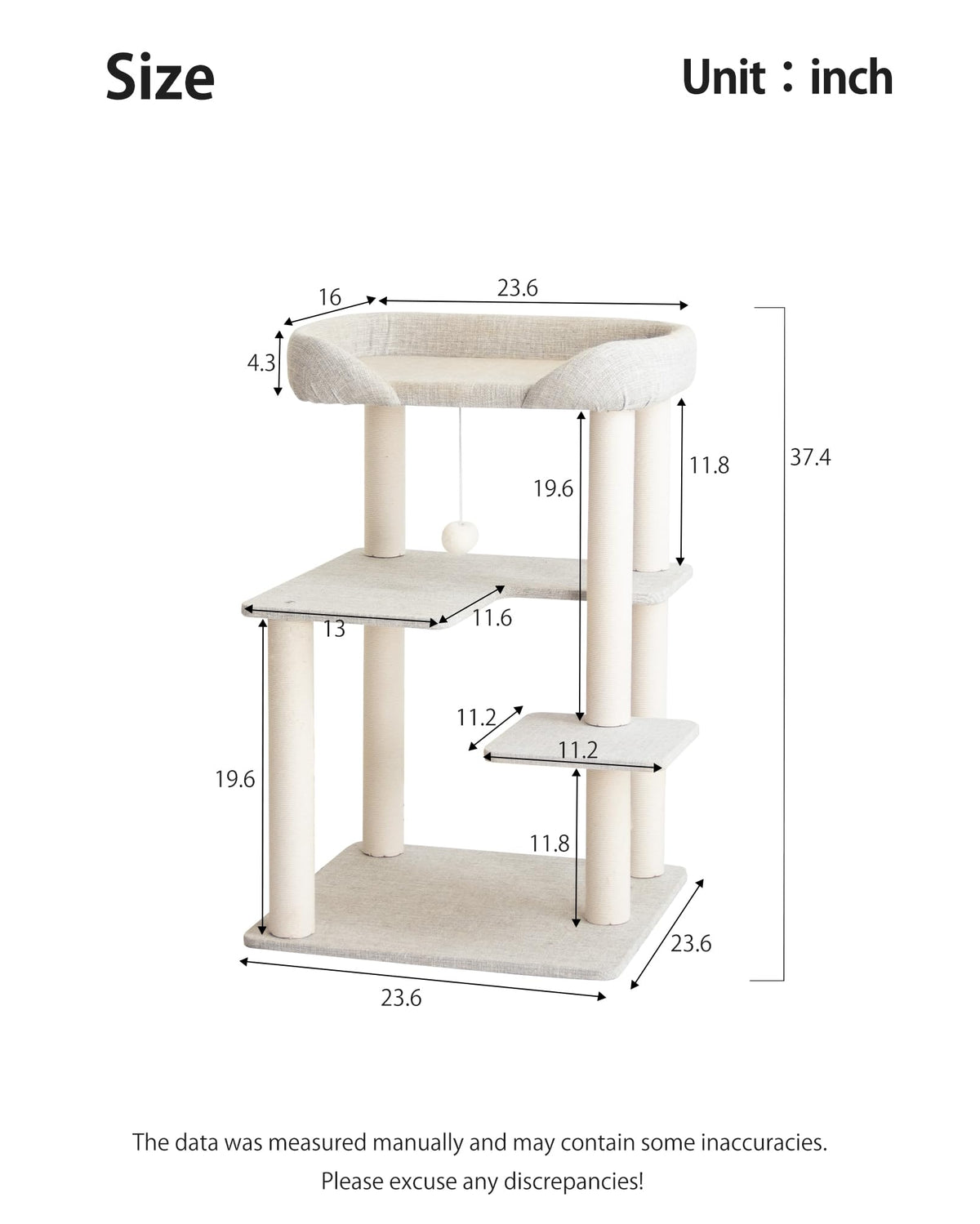 37.5" Cat Tree Tower for Large & Senior Cats (Light Grey 37.4'')