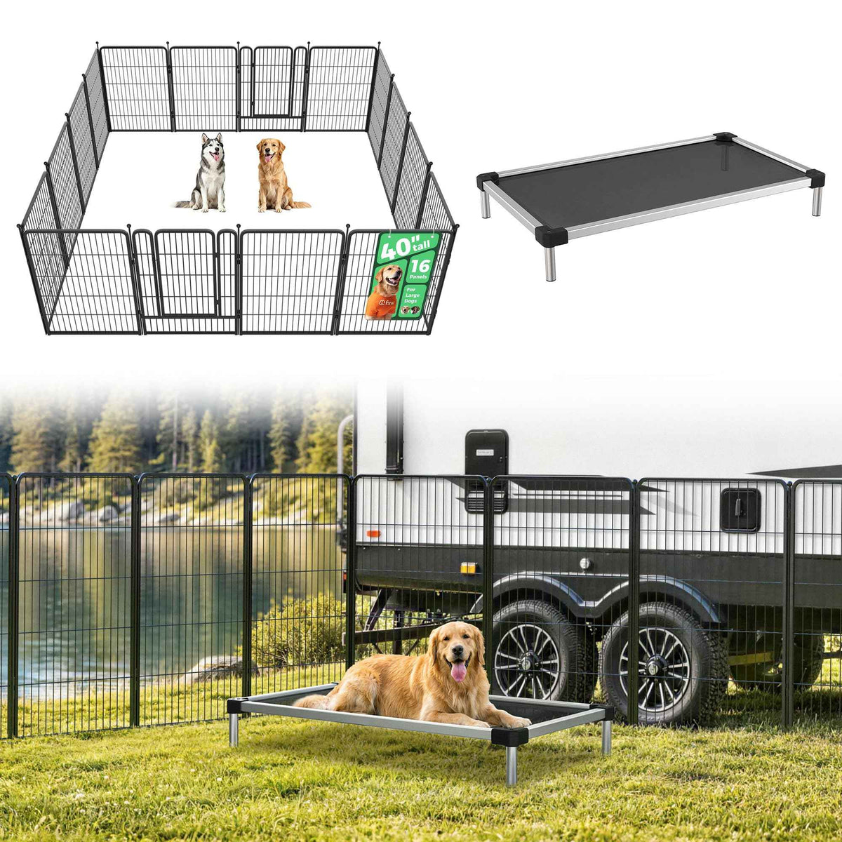 Rollick Dog Playpen with Cooling Mesh Dog Bed (Black / 40"H)