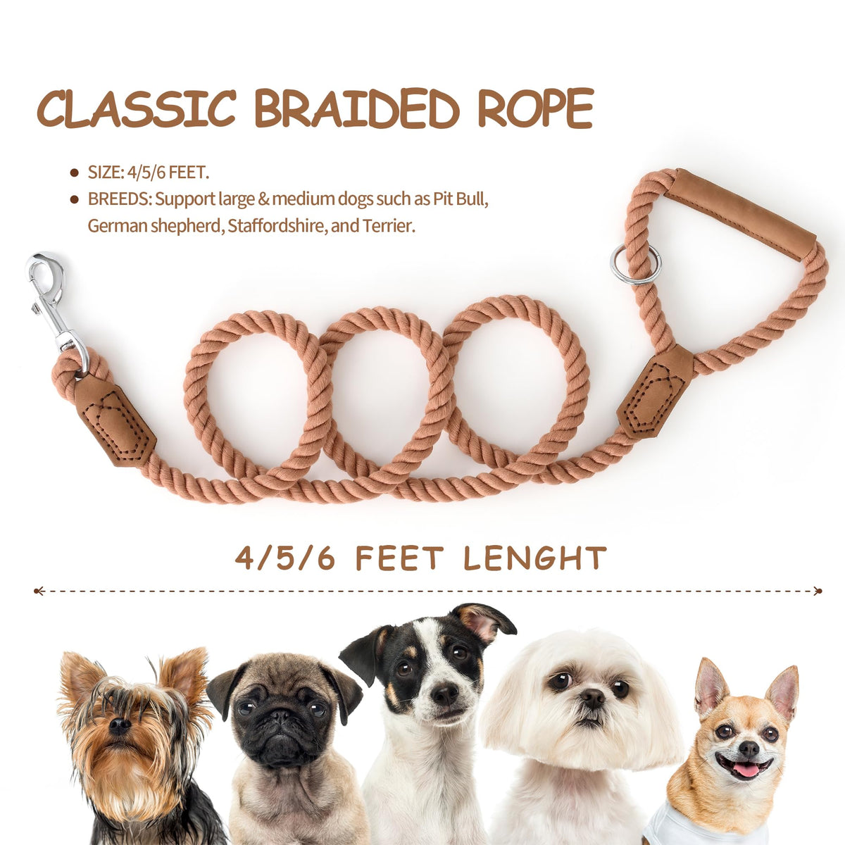 Dog Leash Braided Cotton Rope w (Classic Brown / 72 Inch-1/2")