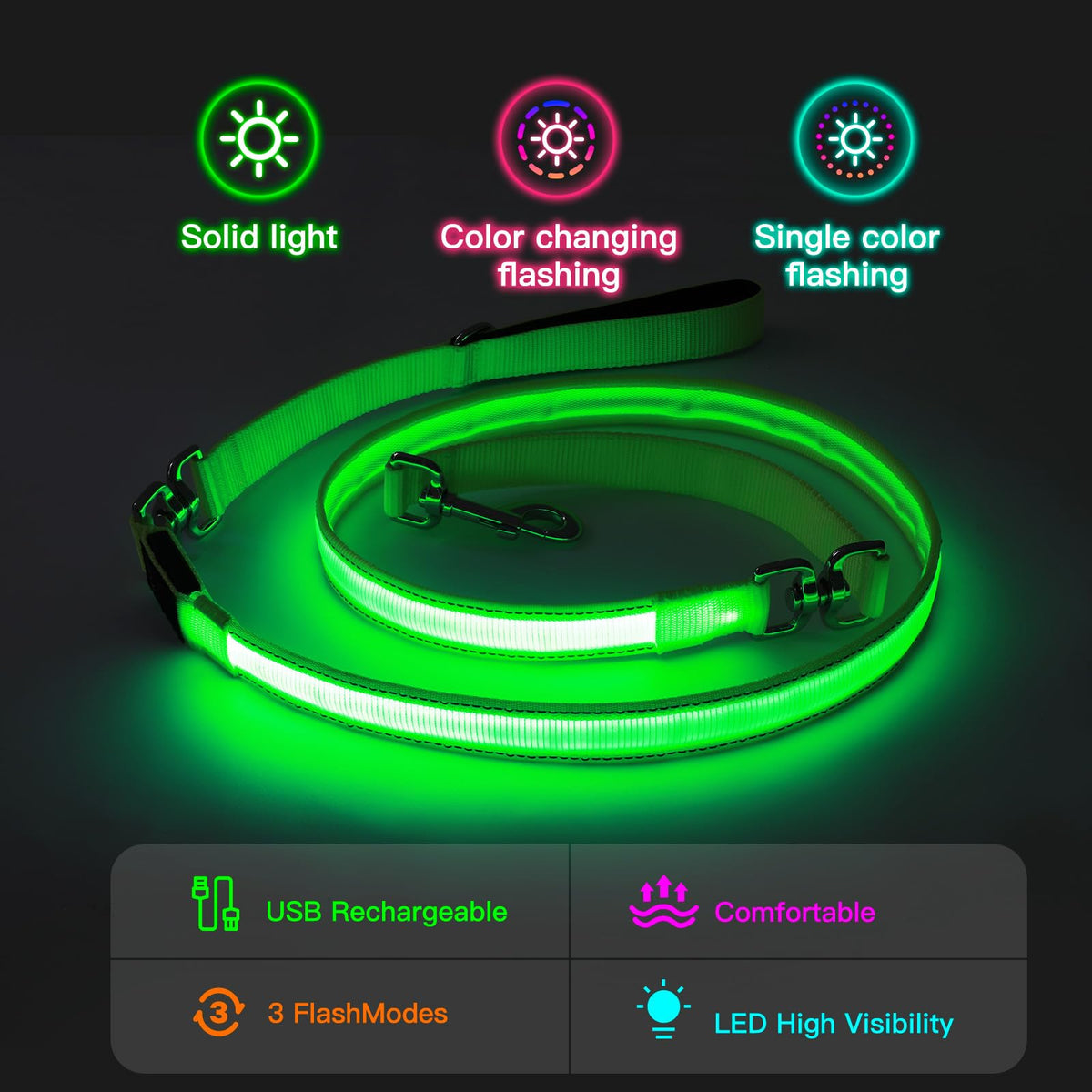 LED Light Up Dog Leash (Green / 6Ft(Three-section))