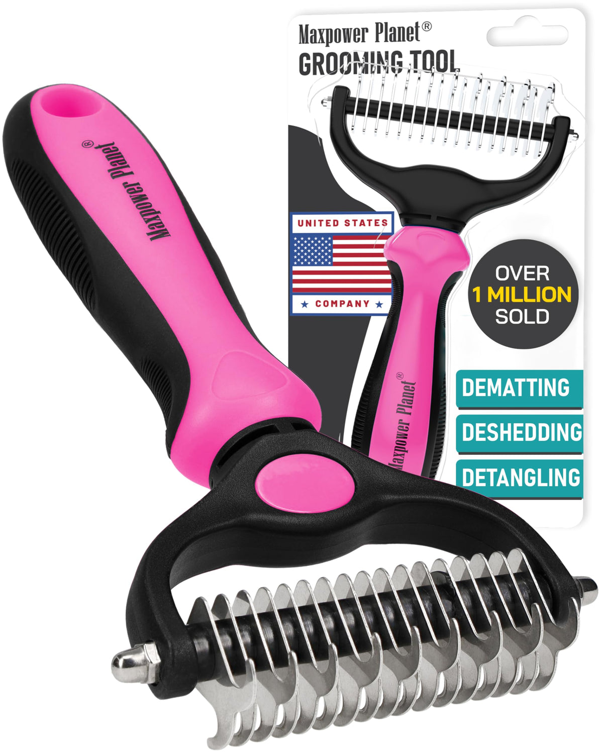 Hair Brush Double Sided Shedding (Pink / Large)