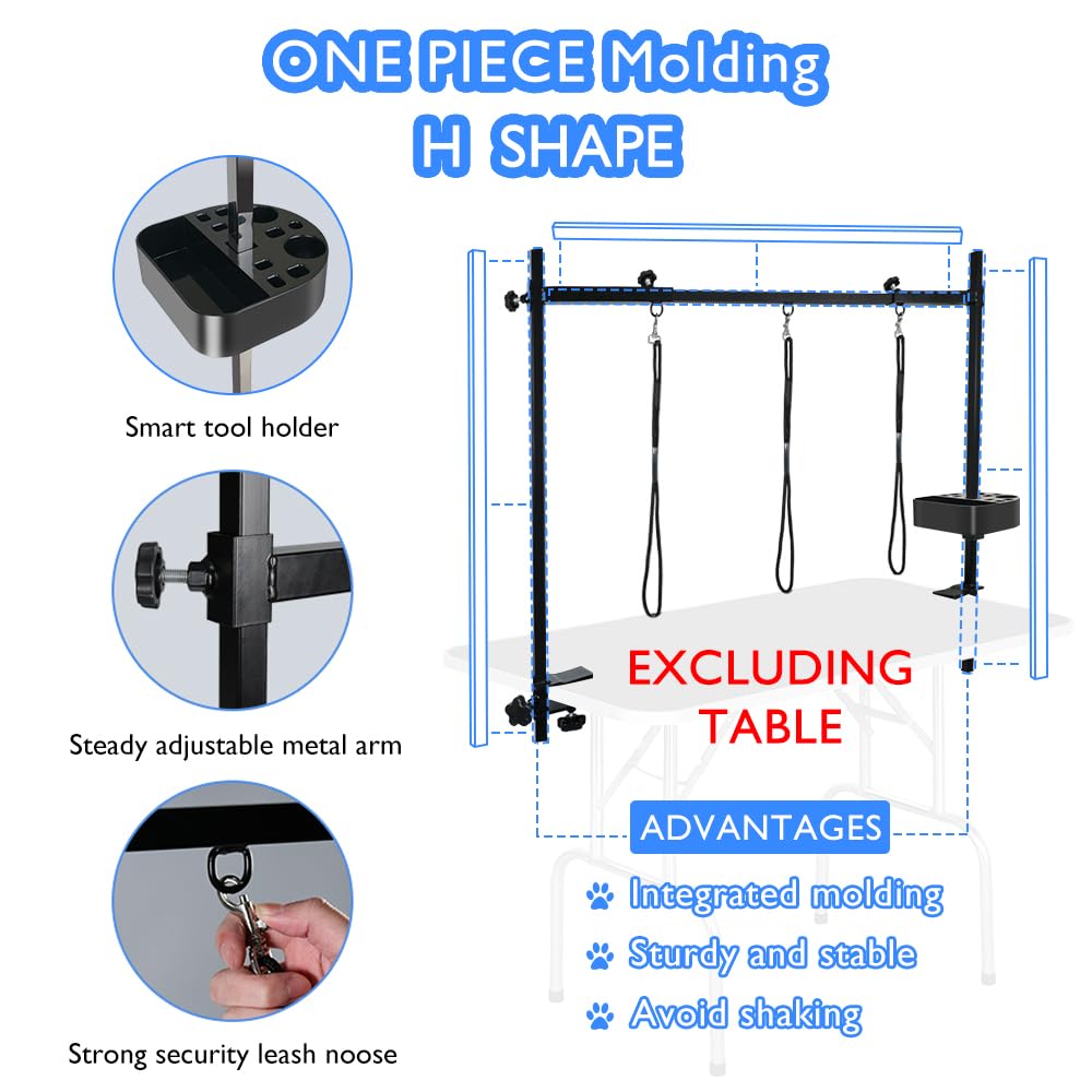 H Shape Pet Grooming Table Arm with Grooming Hammock Tool Holder Noose and Clamp for Dogs and Cats Heavy Duty Aluminum Alloy Frame with 35.4” Adjustable Height and 36.2” ~ 50” Adjustable Width
