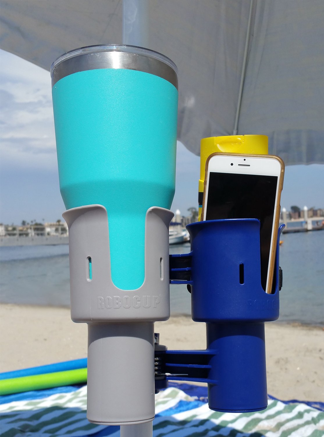 Navy&Gray), Patented Clamp On Boat Cup Holder |Multifunction Dual Drink Caddy for Fishing Poles, Tools, Net, Gaff |Portable Storage for Boating, Beach, Umbrellas, Golf Carts, Strollers (Navy & Gray / Standard Spring)