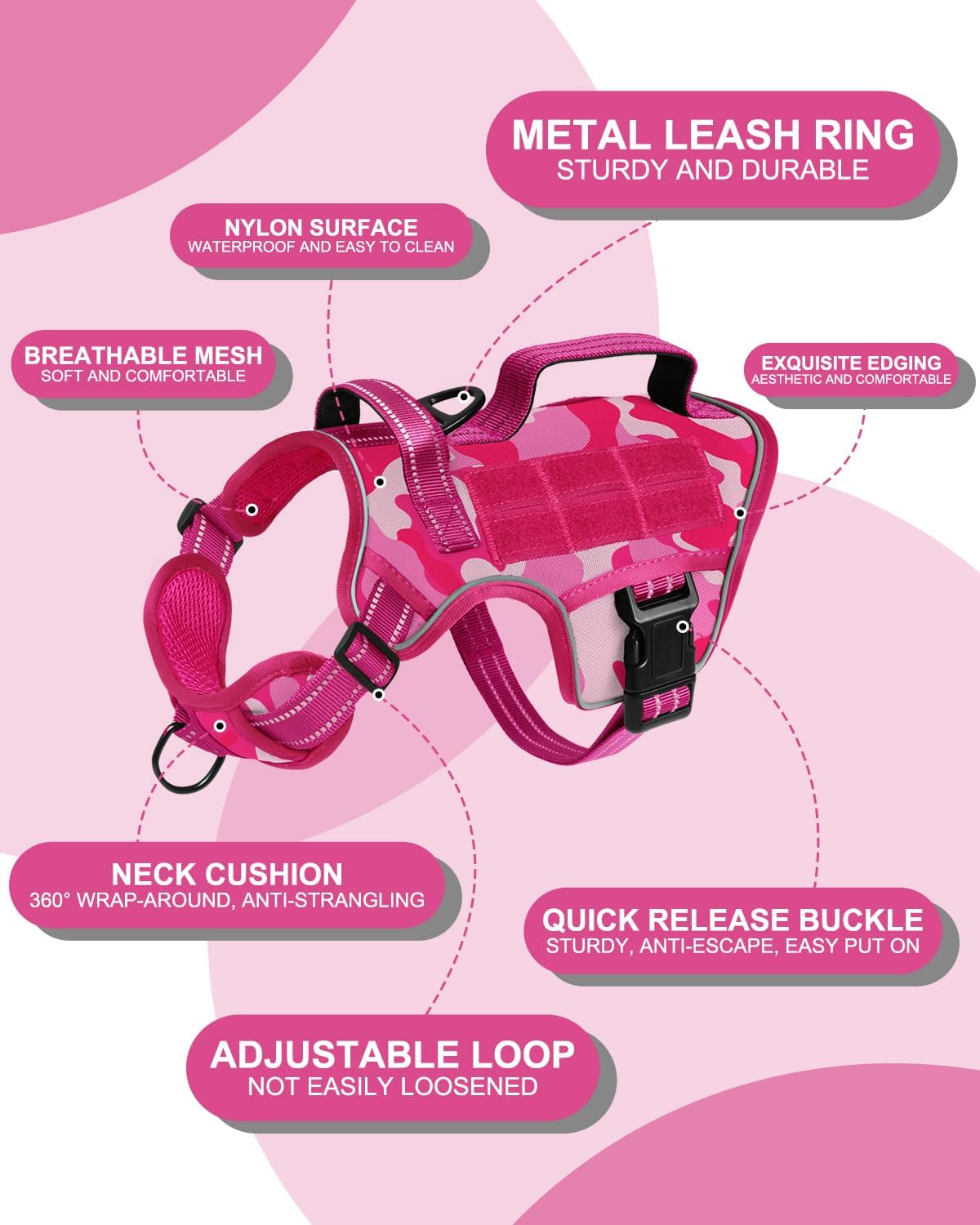 Dog Harness Tactical No Pull for Small Sized Dog with Handle (Pink Camo / S(Neck:16-22",Chest:20-28"),18-35 lbs)
