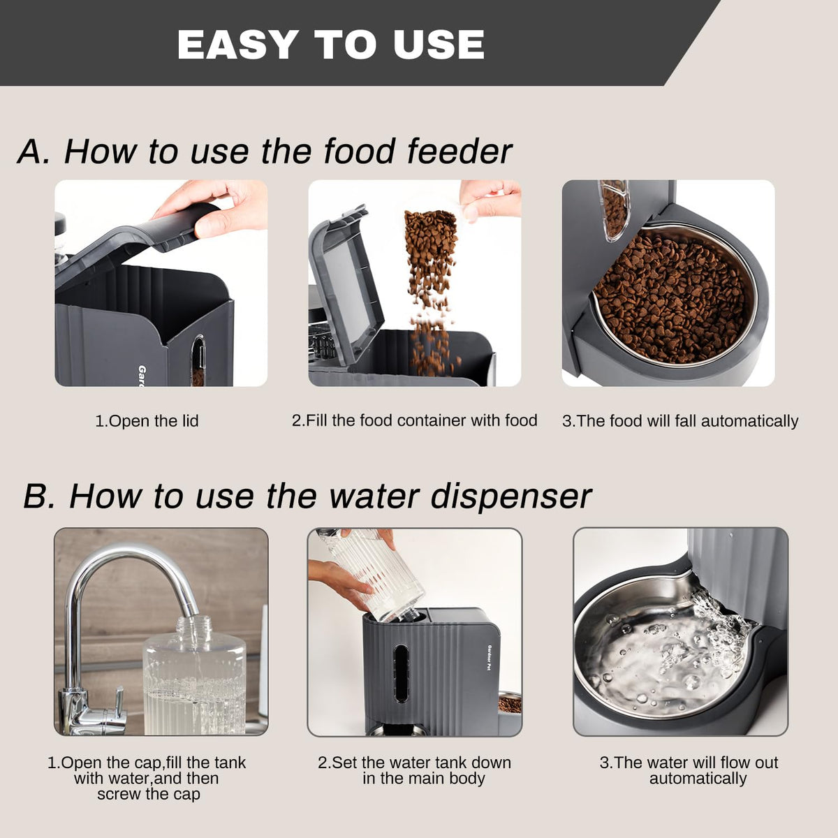 Gravity Automatic Cat Feeder (Extra Large（1.6 Gallons x 2） / Black Grey)
