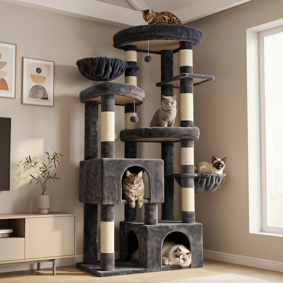 Cat Tree Tower with Tiered Padded Platforms (Smoky Gray)